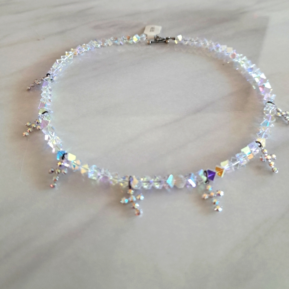 Elegant Silver Swarovski Crystal Cross Choker Necklace